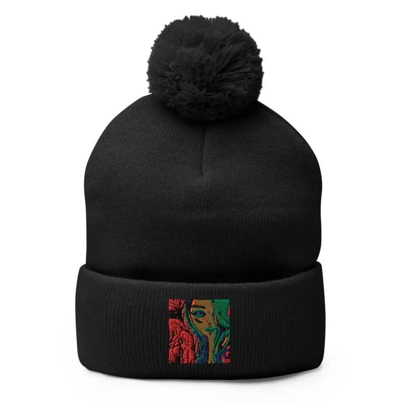 black beanie hat with art